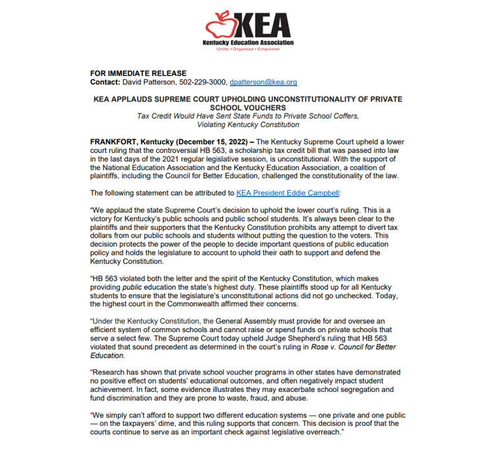 KEA APPLAUDS SUPREME COURT UPHOLDING UNCONSTITUTIONALITY OF PRIVATE SCHOOL VOUCHERS